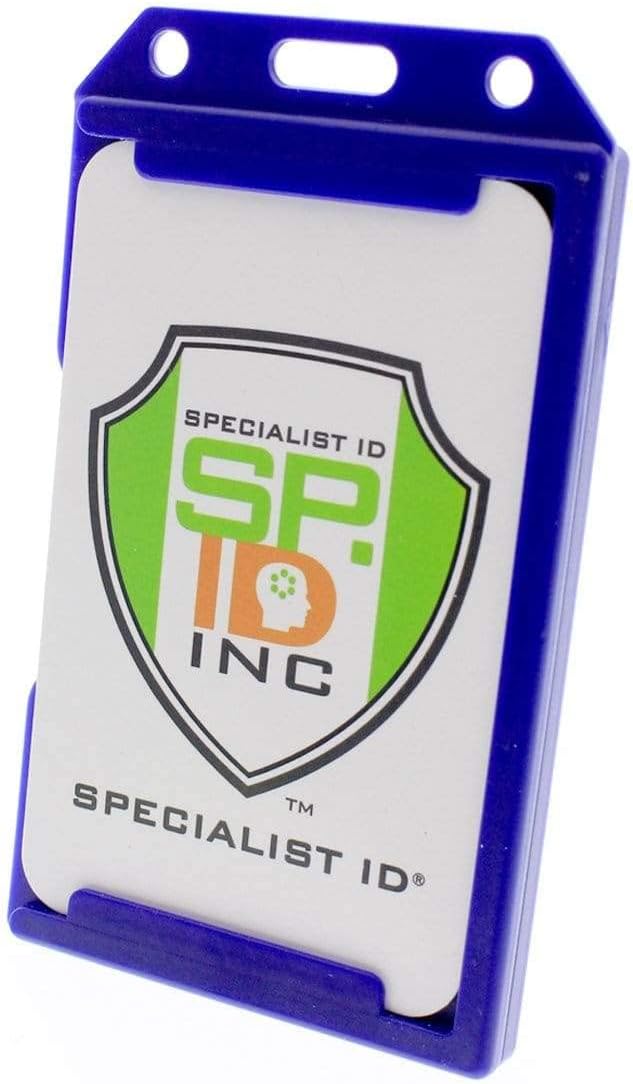 5 Pack - Heavy Duty 2-Sided Rigid Multi Card Holder - Hard Plastic Vertical ID Badge Holders for 2 Standard or Thick Prox Cards, Fuel Card, CAC, Work Badge, or Credit Cards by Specialist ID (Blue)