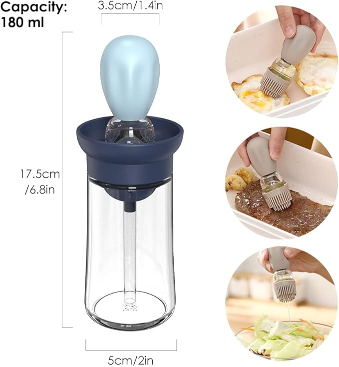TINMIX Oil Dispenser with Brush - 2 Pack Glass Olive Oil Dispenser Bottle with Basting Brush for Cooking Frying Baking Kitchen 180ml, T-OB21 Blue