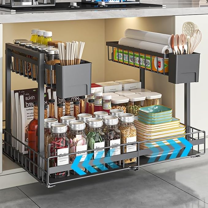 Expandable Under Sink Organizer with 3-Level Height Adjustment,2 Tier Under Sink Organizer Pull-Out Under Sink Drawers Cabinet Organizer for Kitchen & Bathroom Storage,Black