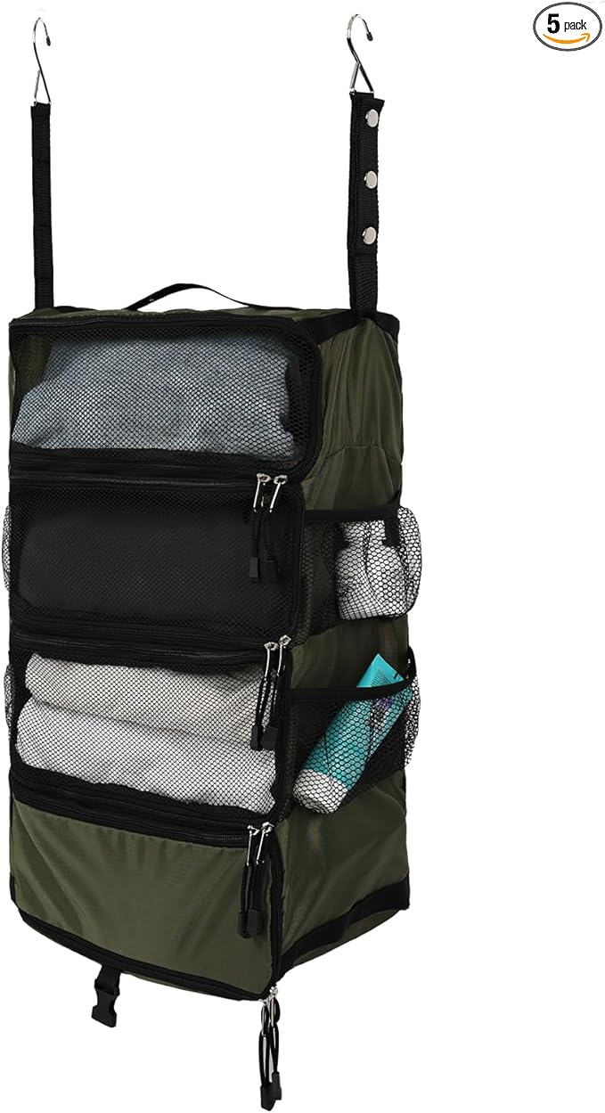 TABITORA Travel Luggage Organizer Hanging Packing Cubes Portable Hanging Shelves Carry on Closet for Suitcase with 2 Hooks,Collapsible(Darkgreen,S)