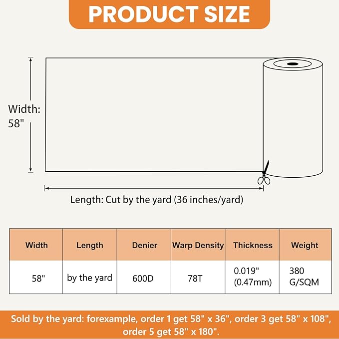 Waterproof Marine Canvas Fabric by The Yard 58" W 600D PVC Backing Water-Resistant Polyester Fabric Upholstery Material for Outdoor Indoor Marine Awning Tent Boat Furniture Cover DIY, 10 Yards Orange