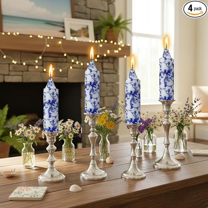 5 Inch Blue and White Tapered Candles Short Floral Candlesticks Hand Poured Unscented Smokeless Porcelain Candles for Dining Everyday Meals Family Dinner Elegance Blue White Porcelain Style