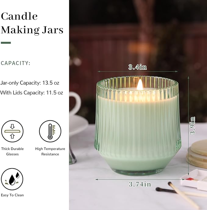 simeitol 13 OZ Light Green Large Candle Jars for Making Candles - 6 Pack Glass Candle Jars Bulk with Vertical Striped, Candle Vessels Supplies with Bamboo Lids and Candle Wick Kit, for DIY & Home