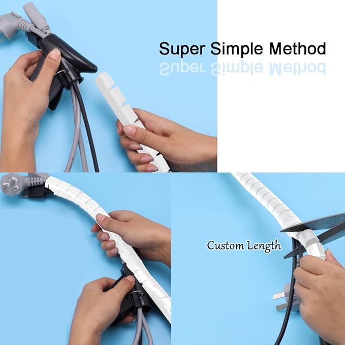 White Cable Organizer Cord Wire Cover Hider Sleeve Management 2 PCS, VIWIEU Clutter Free Coiled Tube Wire Concealer with Cable Tie Clips System for TV PC Computer Home Entertainment Wall