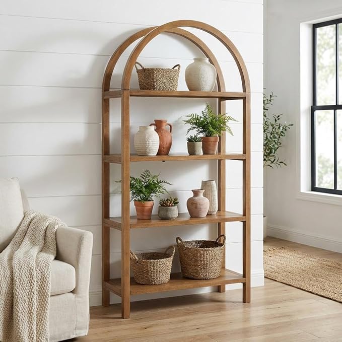 White Large Arched Bookshelf, Engineered Wood Storage Unit with Spacious Shelves and Modern Design for Living Room or Office Use