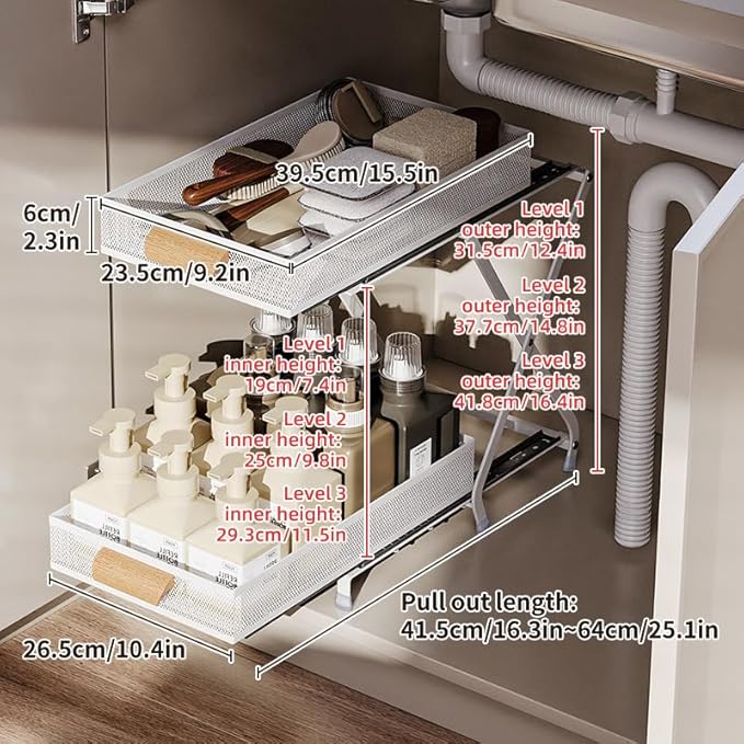 Carbon Steel Pull out Cabinet&Drawer Organizer,Adjusted to 3 different heights(12.4“&14.8”&16.4“),2 Tier Sliding Drawers for Kitchen,Bathroom,Office,Makeup Crafts, Condiment Pull-out basket