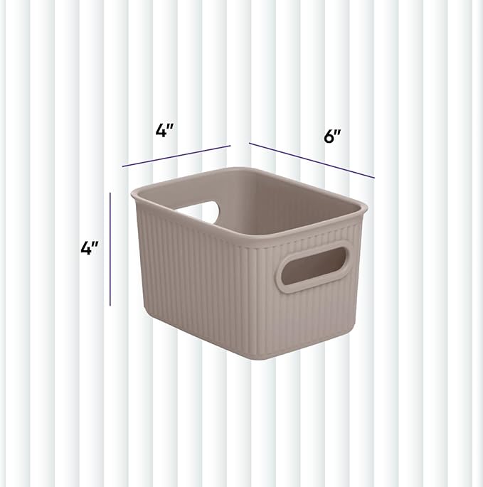 Superio Ribbed Collection - Decorative Plastic Basket Open Home Storage Bins Organizer, Small Taupe (6 Pack) Container Boxes for Organizing Closet Storage Bins for Shelves Drawer Shelf 1.5 Liter