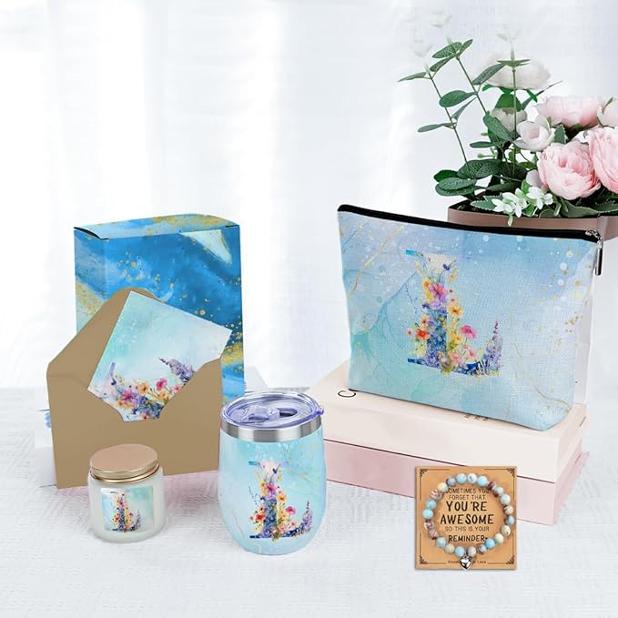 Personalized Gifts Monogrammed Birthday Gifts for Women, Mama New Mom Thanksgiving Wedding Christmas Initial Wine Tumbler Makeup Bag Scented Candle Bracelet Set, (Aesthetic Blue Flower L)