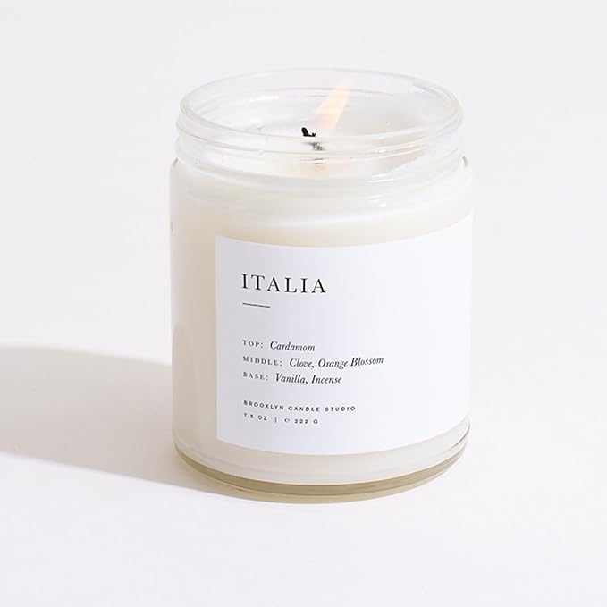 Brooklyn Candle Studio Italia Jar Candle - Luxury Scented Candle, Vegan Soy Wax, Hand Poured in The USA, 50 Hour Slow Burn Time - 7.5oz