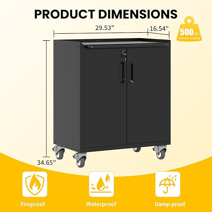 Garage Storage Cabinets with Wheels, Locking Metal Storage Cabinets with Doors and Adjustable Shelves, Easy Assembly Tool Cabinet for Garage,Basement,Warehouse