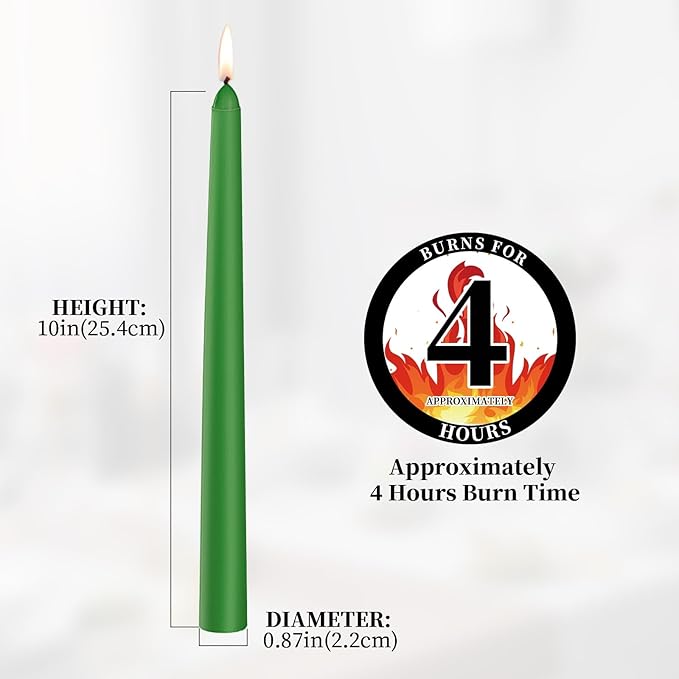 KONNI 0.87×10 Inch Green Taper Candles, Unscented and Smokeless Tall Candlesticks, 10 Pack Tapered Candles with Cotton Wicks, Long Burning, Ideal for Weddings, Dinner Parties, and Home Décor