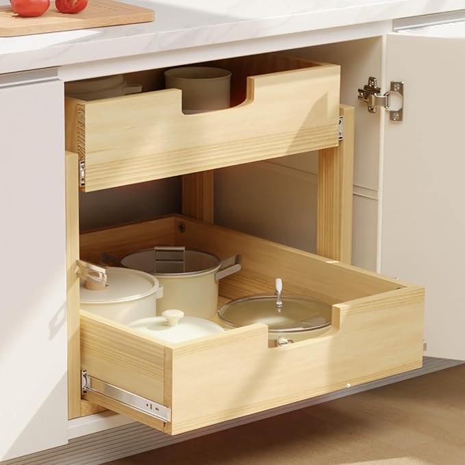 Pull Out Cabinet Organizer, 26''W×21''D Sliding Drawers for Cabinets, 2 Tier Soft Close Slide Out Wooden Pull out Drawers, Base Cabinet Organization for Kitchen, Pantry, Bathroom