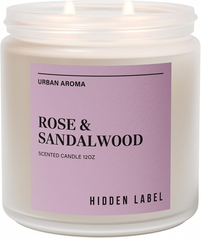 Hidden Label Rose Sandalwood Scented Candle, 12oz 2 Wick Natural Soy Non Toxic Candles, Clean Burning Long Lasting Aromatherapy for Home | Gifts | Décor,Premium Scents for Relaxation & Stress Relief