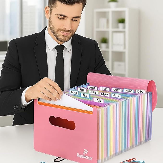 Accordion File Organizer, 26 Pockets Expanding Accordion Folder, A4 Letter Size Filing Organizer with Colorful Tabs, Elastic Cord, 60 Paper Clips, Labels & Stickers for Office (Pink)