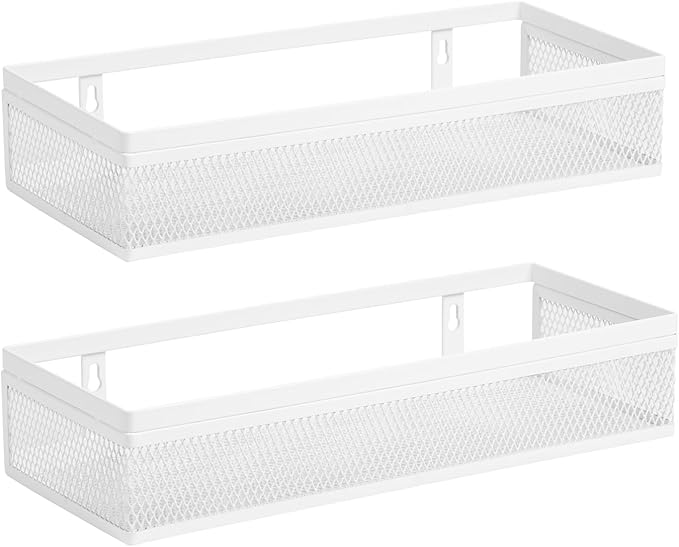 Wetheny Hanging Wall Mount Storage Baskets with Adhesive Hooks & Screwing, Metal Wire Organizer Baskets for Home Decor, Kitchen, Bathroom, Pantry, Laundry, Closet, Garage, RV Black 2 Packs (White)