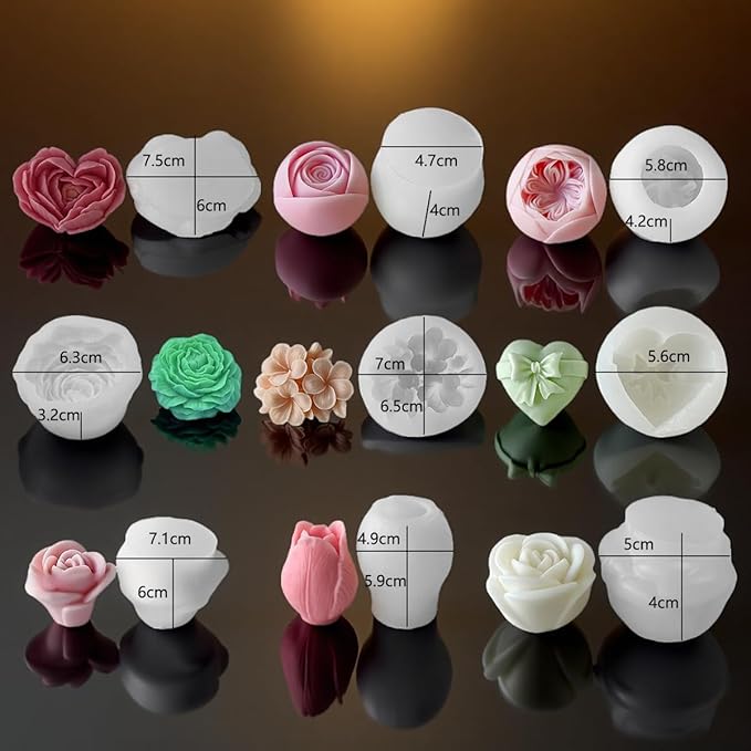 9 Piece Set of Hibiscus Rose Tulip Heart Shape Candle soap Wax Mold Valentine's Day Silicone Butter Candle Chocolate Making Mold Silicone Shape