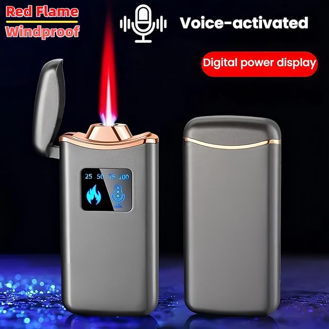 Smart Butane Lighter, Voice-Activated Sensor Torch Lighter with 4 Ignition Modes, Windproof Red Flame Refillable Lighters (Without Fuel) (Silver Sand)