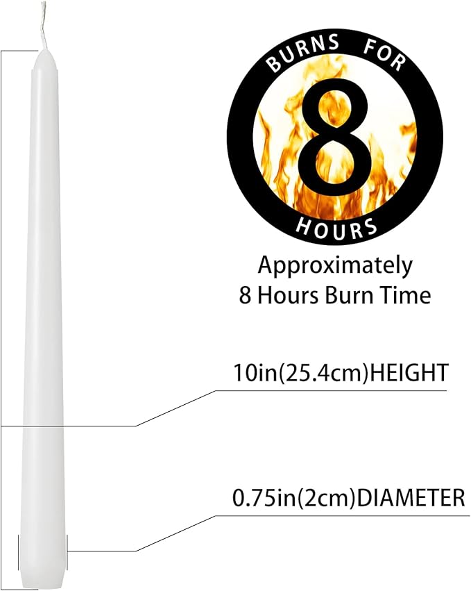kedtui Taper Candles 10 inch (H) Dripless, Set of 36 White Unscented and Smokeless Taper Candles Long Burning, Paraffin Wax with Cotton Wicks for Burning 8 Hours Time