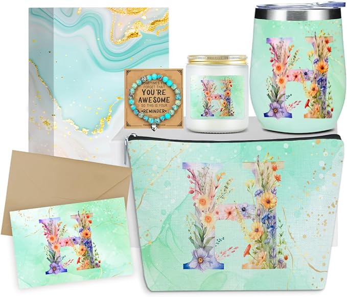Personalized Gifts Monogrammed Birthday Gifts for Women, Bridesmaid Bachelorette Party Christmas Initial Wine Tumbler Makeup Bag Scented Candle Bracelet Set, (Aesthetic Green Flower H)
