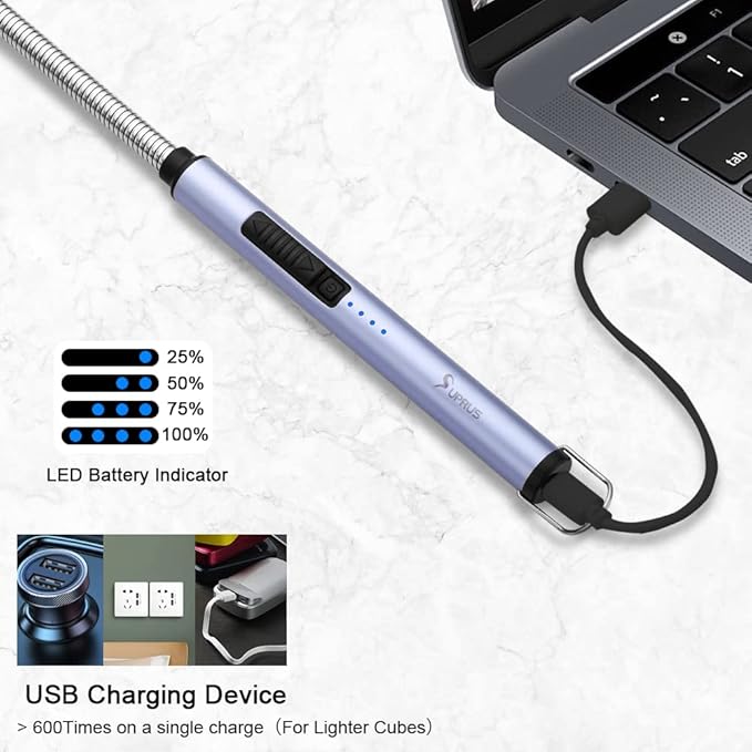 SUPRUS Electric Candle Lighter USB Type C Rechargeable Lighter Steel Shell & Hanging Hook with 360° Flexible Neck(Blue)