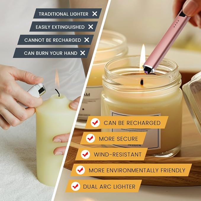 2 Pack Dual Arc Candle Lighter, USB-C Rechargeable Electric Igniter for BBQ Grill, Windproof Flameless Long Neck Plasma Lighter, Black & Rose Gold