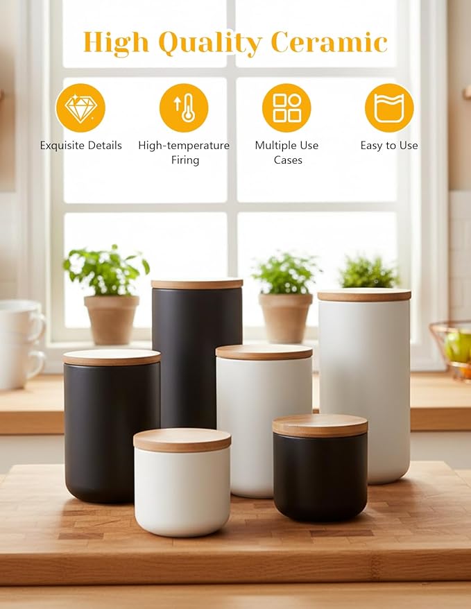 YYW Ceramics Food Storage Jar Canister with Airtight Seal Bamboo Lid, Simple Style Kitchen Canister for Food Storage, Store Coffee, Sugar, Tea, Spices (Black (8.79oz/260ml))