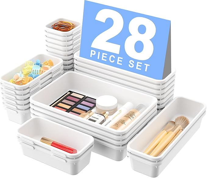 【𝟮𝟴𝗣𝗖𝗦】 【𝟱𝗦𝗶𝘇𝗲】 White Drawer Organizer, Makeup organizer, 【Holds 177 Items】 Bathroom Organizers and Storage, Plastic Desk Organizer Divider, Organizer Bins for Office Vanity A-LUGEI