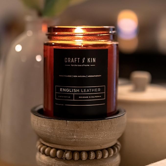 Craft & Kin Scented Candle for Men | Premium English Leather Candle | All-Natural Scent for Home | Long Lasting Winter Candles, 45-Hour Burn Time, 8oz