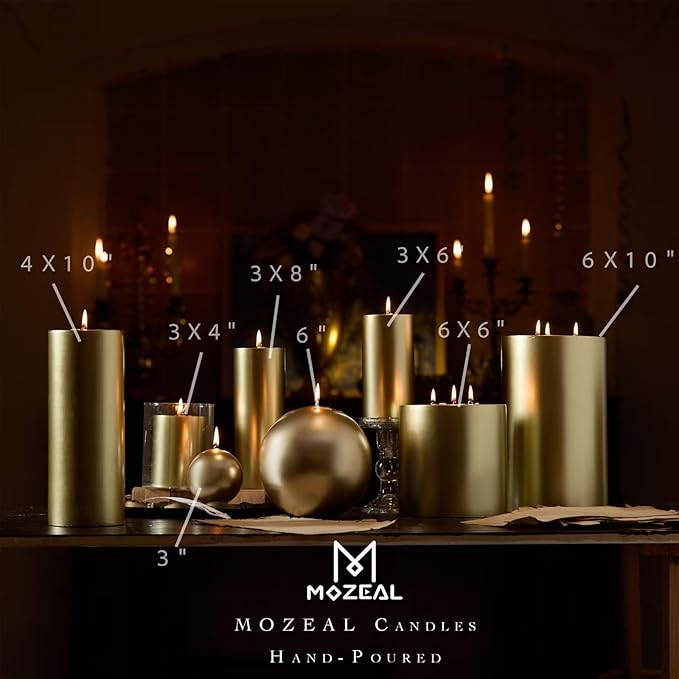 MOZEAL 4" x 10" Extra-Large Gold Pillar Candles (Set of 2), Unscented,Dripless, Smokeless,Long Clean-Burning,These Tall 10 inch Large Gold Pillar Candles Perfect for Weddings and Christmas Decor