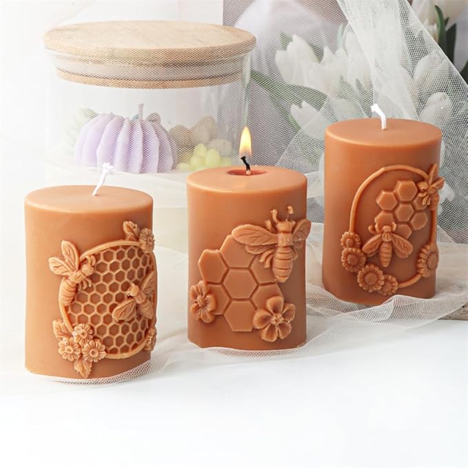 Bee Honeycomb Flower Cylinder Candle Mold, Honeybee Beehive Pillar Silicone Mold for Beeswax Candle, Soy Wax Candle, Plaster Ornament, DIY Crafts(B)