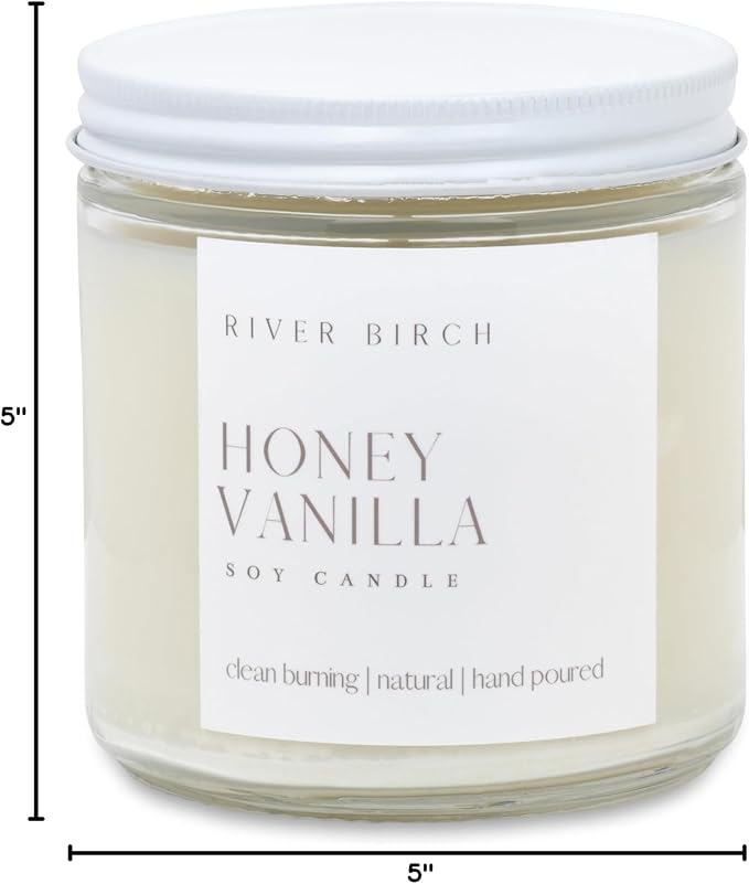 River Birch Honey Vanilla Scented Candle - Premium, All-Natural, Non-Toxic, Soy Wax - 16oz Clear Jar