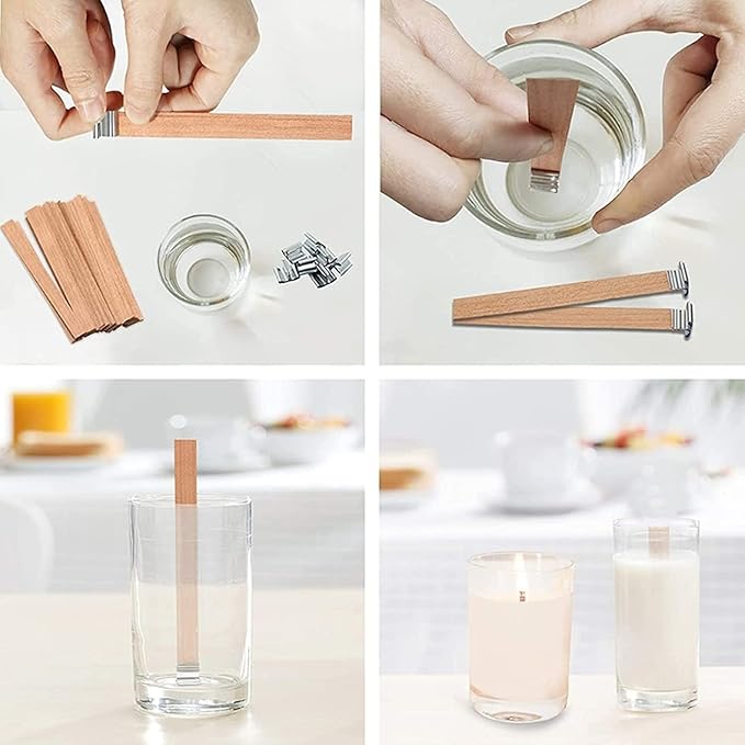 200 pcs Wooden Wicks for Soy Candle Making,6 inch Crackling Wooden Wicks/Slow Burning Candle Wick with Metal Base Clip 100 Sets