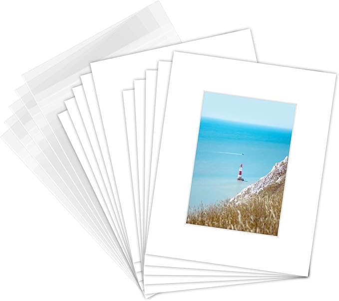 Golden State Art Pack of 25 White Pre-Cut 8x10 Picture Mat for 5x7 Photo with White Core Bevel Cut Mattes Sets. Includes 25 High Premier Acid Free Mats & 25 Backing Board & 25 Clear Bags