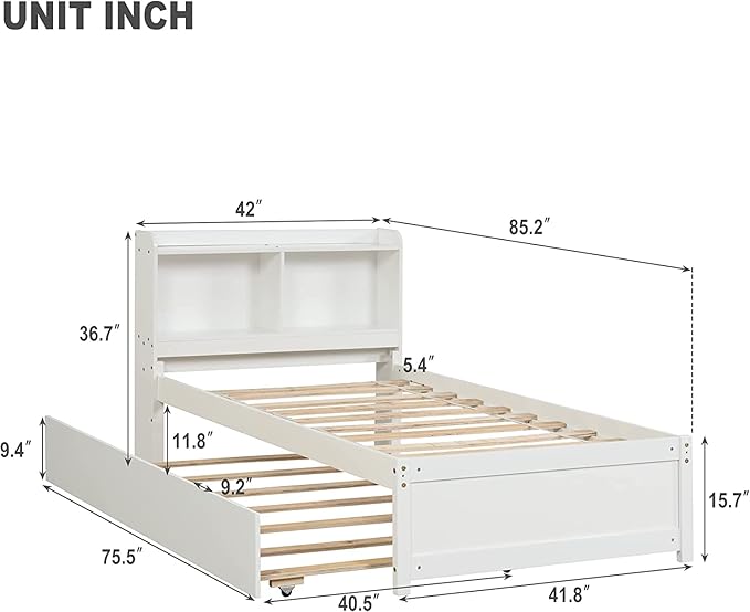Harper & Bright Designs Twin Bed with Trundle, Twin Bed Frame with Bookcase Headboard, Wood Twin Platform Bed with Pull Out Trundle Bed for Kids Girls Boys,No Box Spring Needed,White