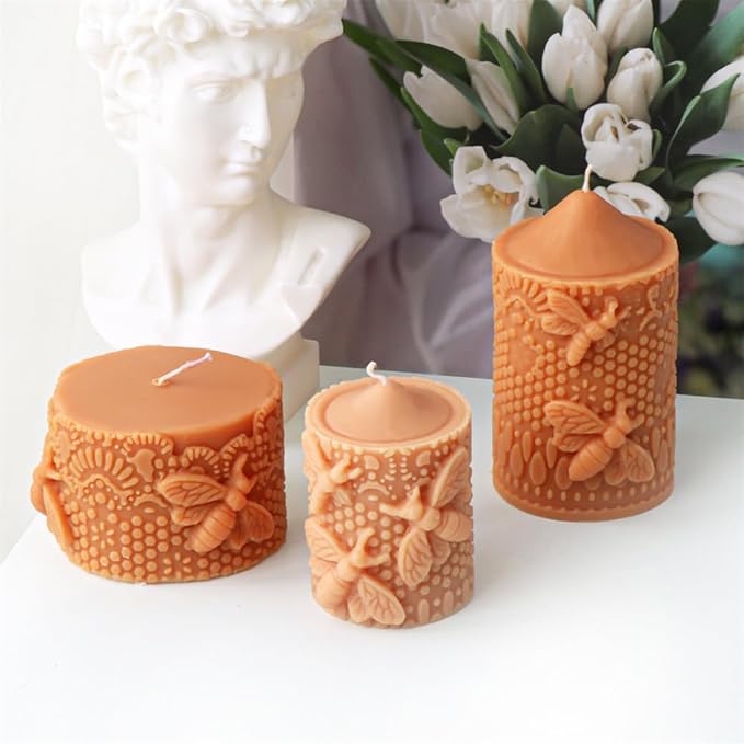 Bee Lace Trim Cylinder Candle Mold, Honeybee Beehive Pillar Silicone Mold for Beeswax Candle, Soy Wax Candle, Plaster Ornament, DIY Crafts (J)