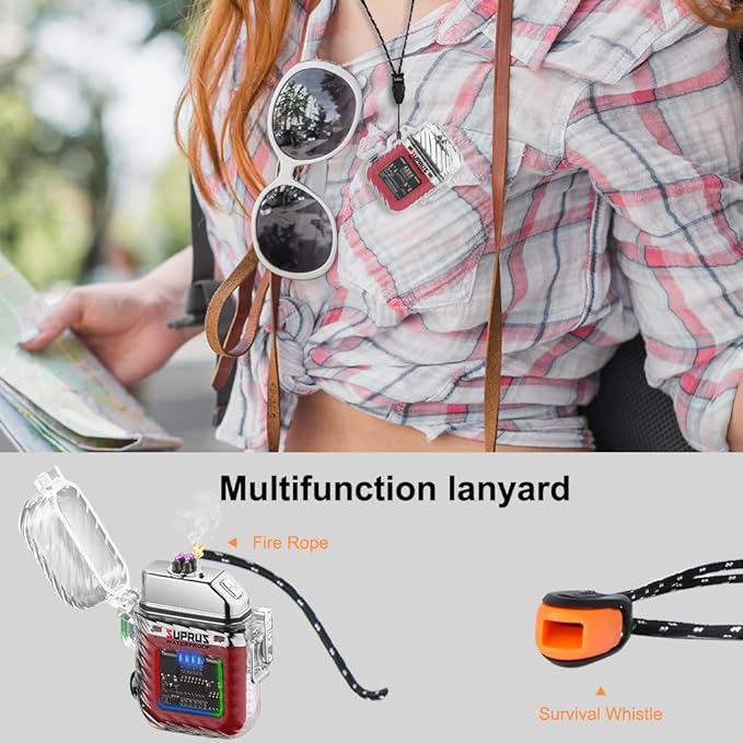 SUPRUS Luminous 3 Modes of Flashlight Windproof Waterproof Lighter Electric Rechargeable Dual Arc Plasma Lighter with Survival Emergency Whistle and Lanyard (Red)