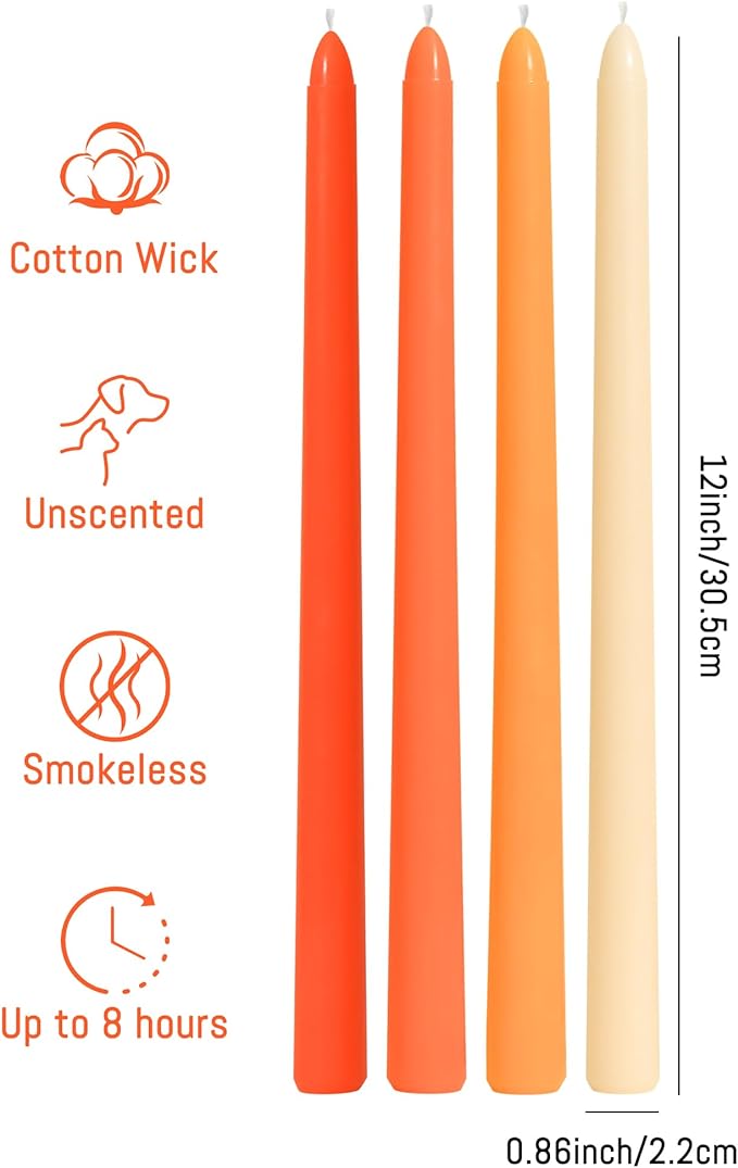Viyffo Taper Candles, 12 Inch, 20 Pack, Orange – Unscented, Smokeless Design, Up to 8-Hour Burn – Tall Candlesticks for Table Decor, Weddings & Dinners