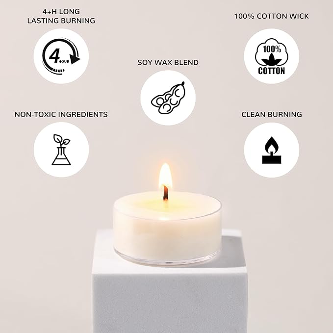 DEVI Soy Wax Tea Lights Candles 100 Pack Paraffin-Free, Soy Tea Lights Bulk-4 Hours Long Burning, Unscented White Small Votive Candles, Votives Bulk for Wedding Baby Shower Favors