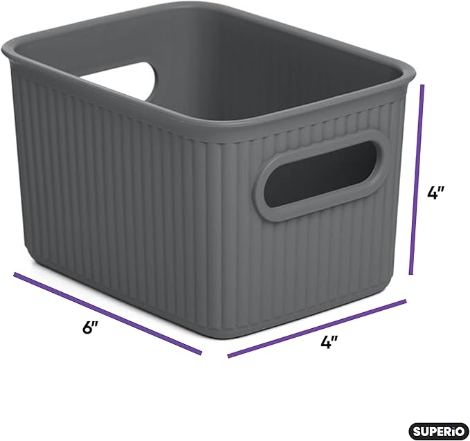 Superio Ribbed Collection - Decorative Plastic Basket Open Home Storage Bins Organizer, Small Grey (1 Pack) Container Boxes for Organizing Closet Storage Bins for Shelves Drawer Shelf 1.5 Liter