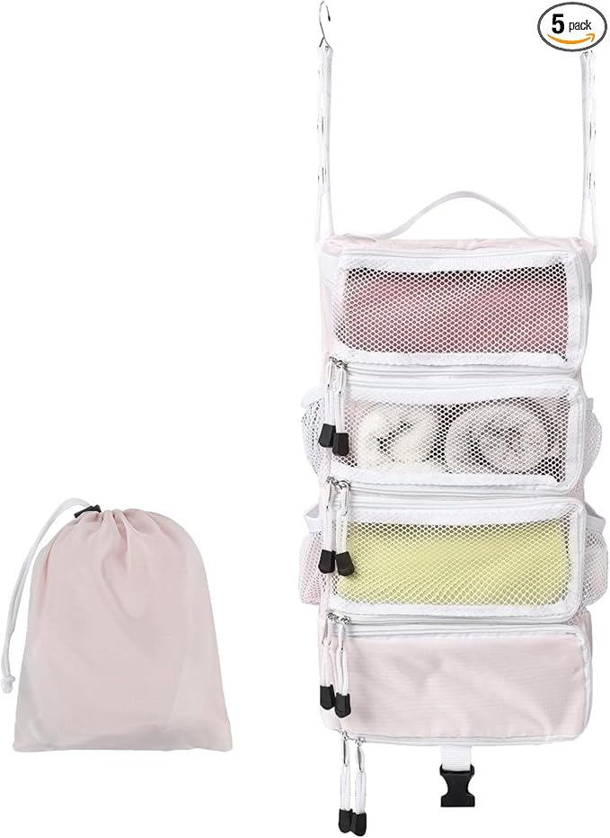 TABITORA Travel Luggage Organizer Hanging Packing Cubes Portable Hanging Shelves Carry on Closet for Suitcase with 2 Hooks,Collapsible(Pink,S)