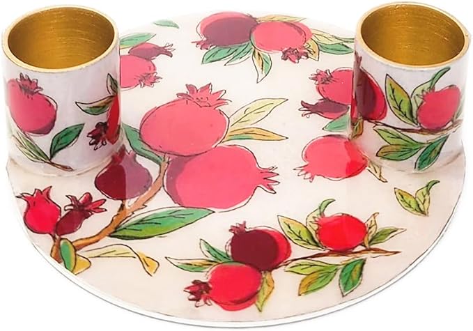 Yair Emanuel Flat Plate Candle Holders for Shabbat 4 Inch Vibrant Pattern Design Modern Judaica Gift (CSE-1 Pomegranates)