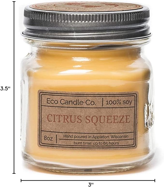 ECO CANDLE CO. Mason Jar Candle, Citrus Squeeze, 8 oz. - Scents of Orange, Tangerine, Grapefruit, Lemon, & Lime - 100% Soy Wax, No Lead, Kraft Label & Antiqued Pewter Lid, Hand Made, Midwest Soybeans