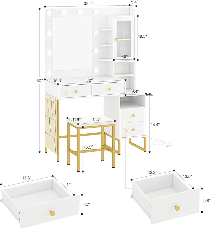 YIKEHOME 42'' Makeup Vanity Desk Set with Mirror, Vanity Table 3-Colour Lights with 5 Drawers & Shelves for Bedroom Dressing Room White (Bright White & Gold)
