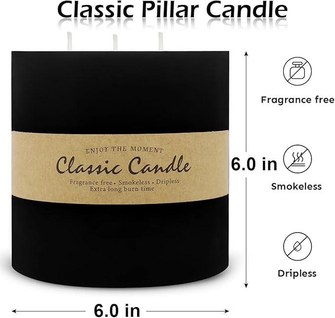 Large 3-Wick Black Pillar Candle - 6x6 Inch Dripless & Smokeless Unscented Fat Candle, 120 Hour Long Burning Hand-Made Thick Candle