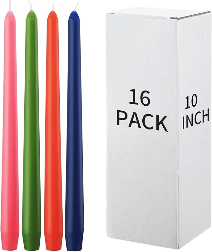 MTLEE 16 Pcs 10 Inch Long Tapered Candle Stick Bulk Smokeless Unscented Burning Candlestick Paraffin Wax with Cotton Wick for Valentine's Day Baby Shower Wedding Holiday Party Church (Multicolored)