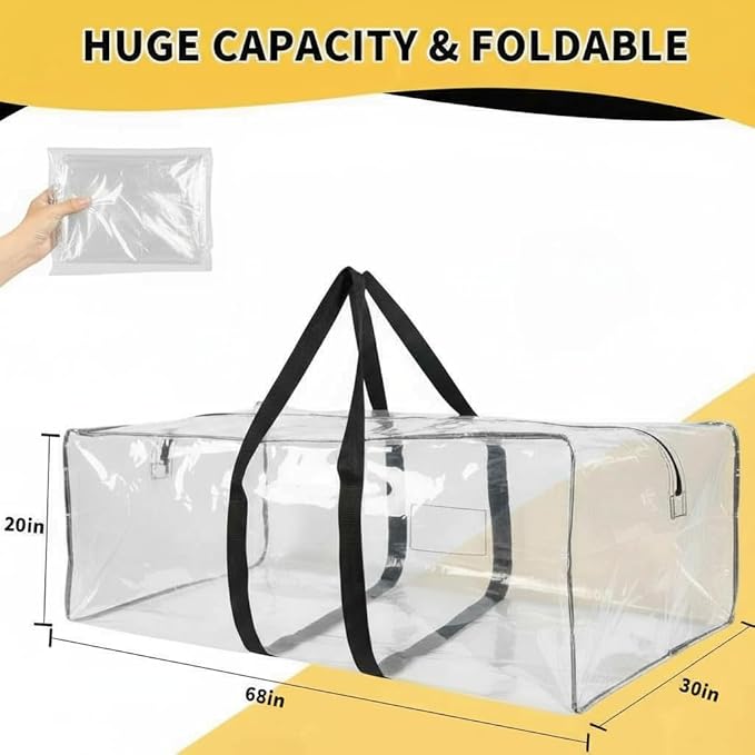 Heavy Duty Extra Large Moving Bags,176 Gallon Jumbo Packing Bags,Huge Moving Storage Bags with Strong Zippers & Carrying Handles,Reusable Big Moving Storage Bags for College Dorm Travel 2Pack,Clear