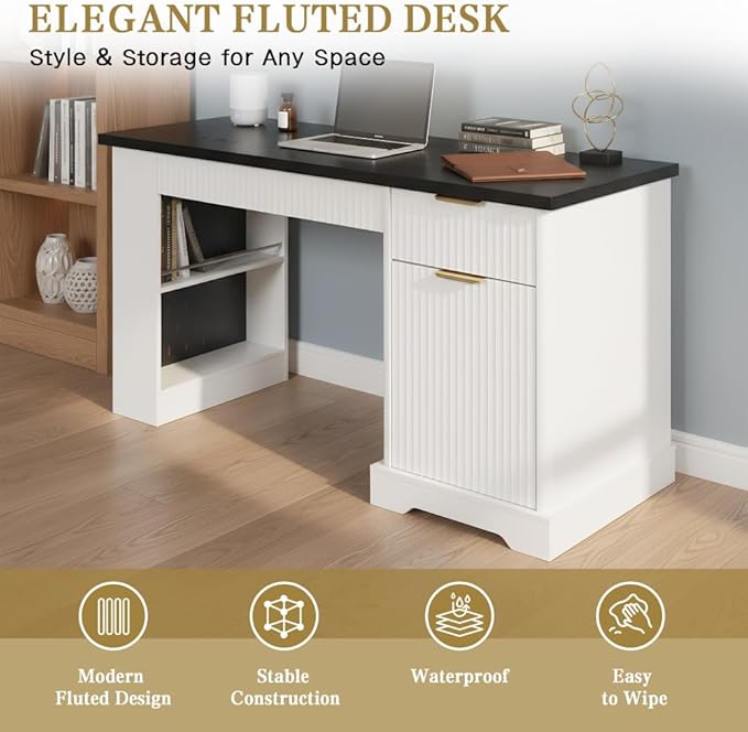 Executive L Shaped Desk with Storage Cabinet Drawers Built in Power Outlet Shelves for Home Office Gaming Study (White)