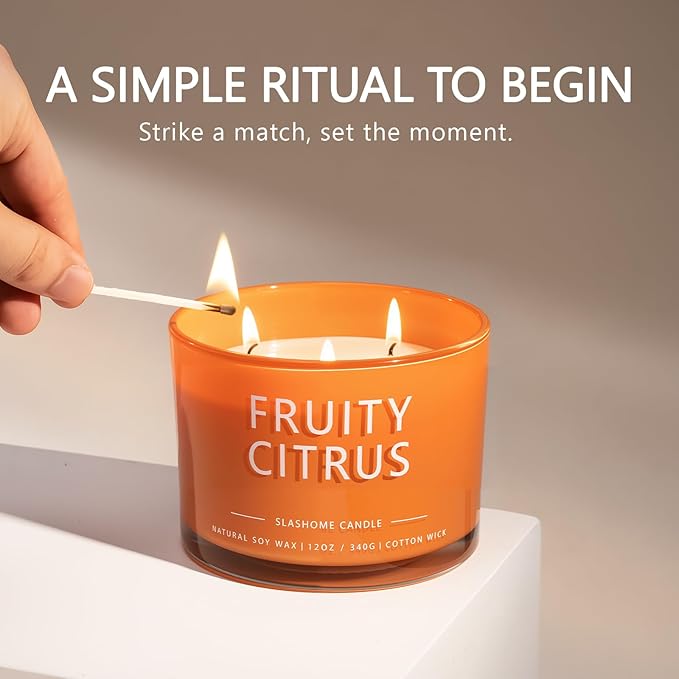 Fruity Citrus Scented Candle, Luxury Large 3 Wick Soy Candle 12 Oz, 60+ Hour Long Lasting Clean Burn, Elegant Aromatherapy Home Decor, Housewarming & Birthday Gift for Women & Men