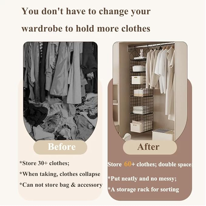 Hanging Closet Organizer, Carbon Steel 5-Shelf Hanging Storage, Collapsible Hanging Shelves, Versatile Storage for Clothes, Handbags (Black)