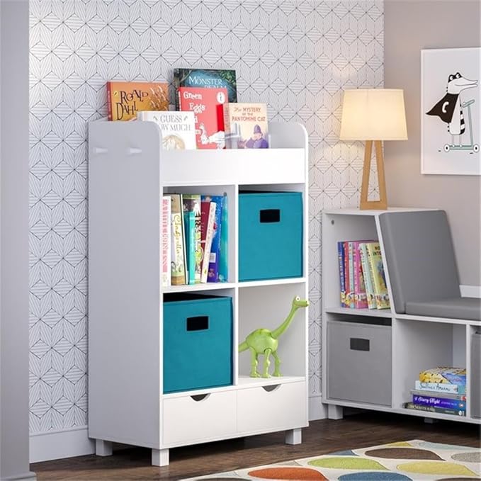RiverRidge Home Bookshelf for Kids Toy Storage Cabinet with Cubbies Book Nook Area- 4 Cubbies, 2-Slot Bookrack, 2 Drawers & Hooks for Kids Toys, Games & Book Storage Fits RiverRidge Folding Cubby Bins